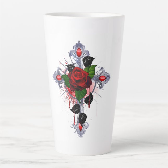 Silver Cross with a Red Rose Latte Mug (Front)