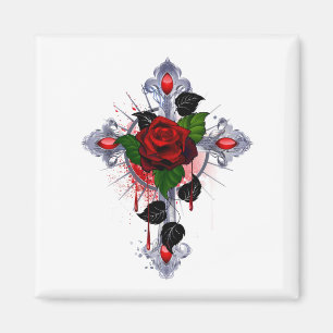 Silver Cross with a Red Rose Magnet