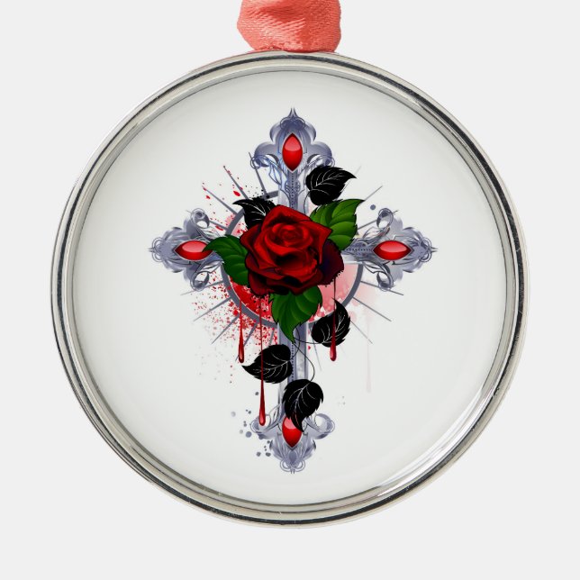 Silver Cross with a Red Rose Metal Tree Decoration (Front)