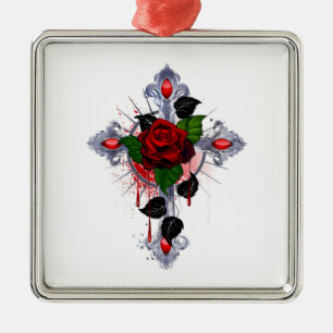 Silver Cross with a Red Rose Metal Tree Decoration