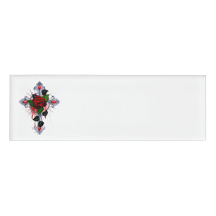 Silver Cross with a Red Rose Name Tag