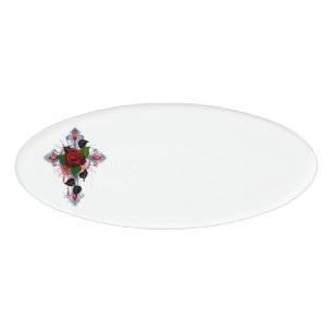 Silver Cross with a Red Rose Name Tag