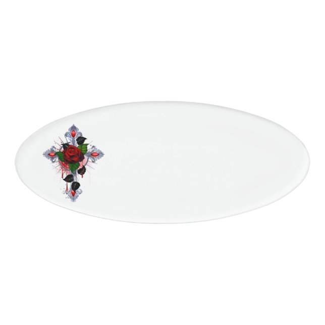 Silver Cross with a Red Rose Name Tag (Front)