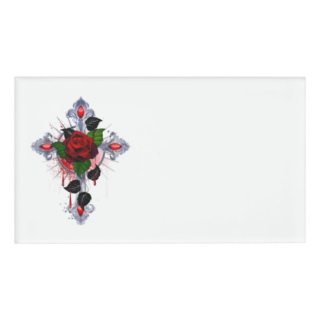 Silver Cross with a Red Rose Name Tag (Front)