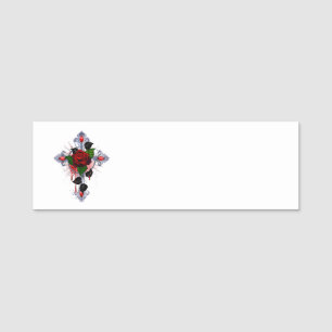 Silver Cross with a Red Rose Name Tag