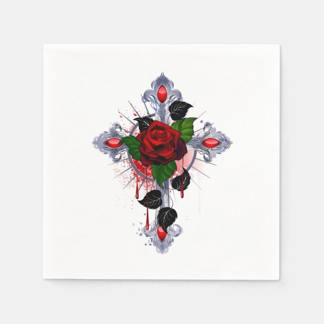Silver Cross with a Red Rose Napkin (Front)