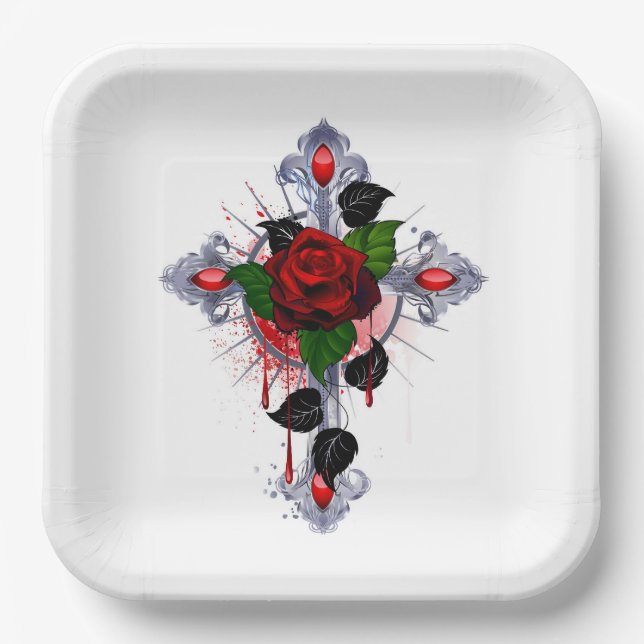Silver Cross with a Red Rose Paper Plate (Front)