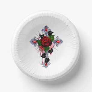 Silver Cross with a Red Rose Paper Plate