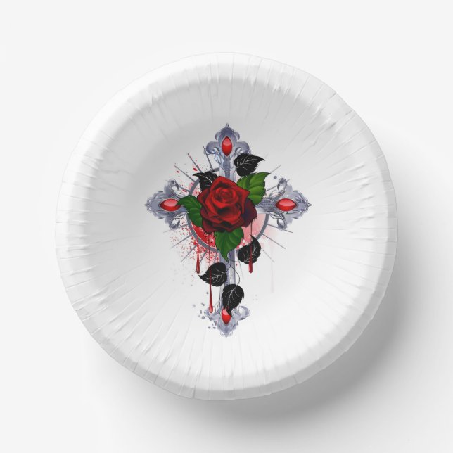 Silver Cross with a Red Rose Paper Plate (Front)
