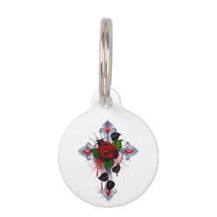 Silver Cross with a Red Rose Pet Tag