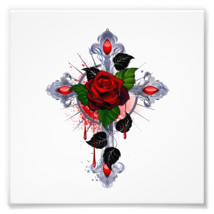 Silver Cross with a Red Rose Photo Print