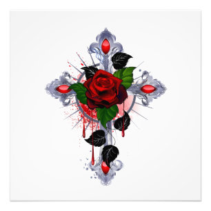 Silver Cross with a Red Rose Photo Print