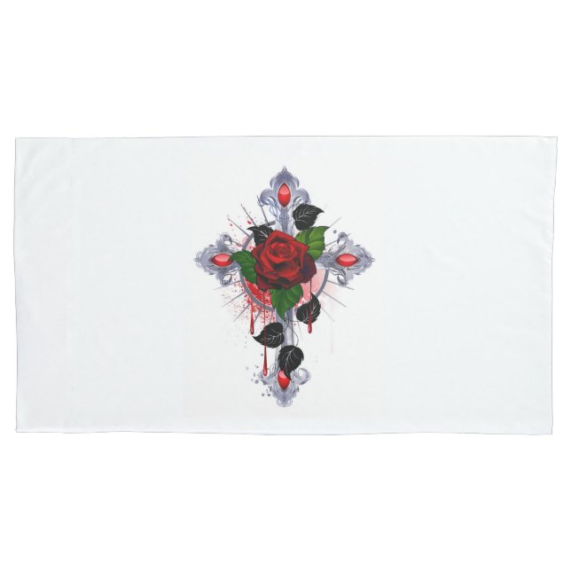 Silver Cross with a Red Rose Pillowcase (Front)