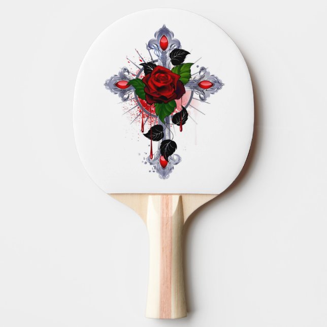 Silver Cross with a Red Rose Ping Pong Paddle (Front)