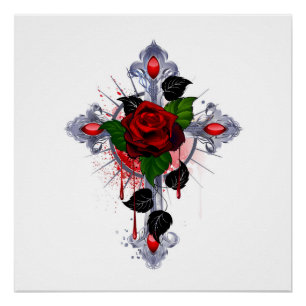 Silver Cross with a Red Rose Poster