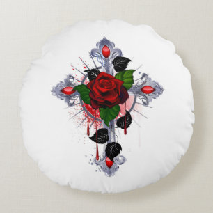 Silver Cross with a Red Rose Round Cushion
