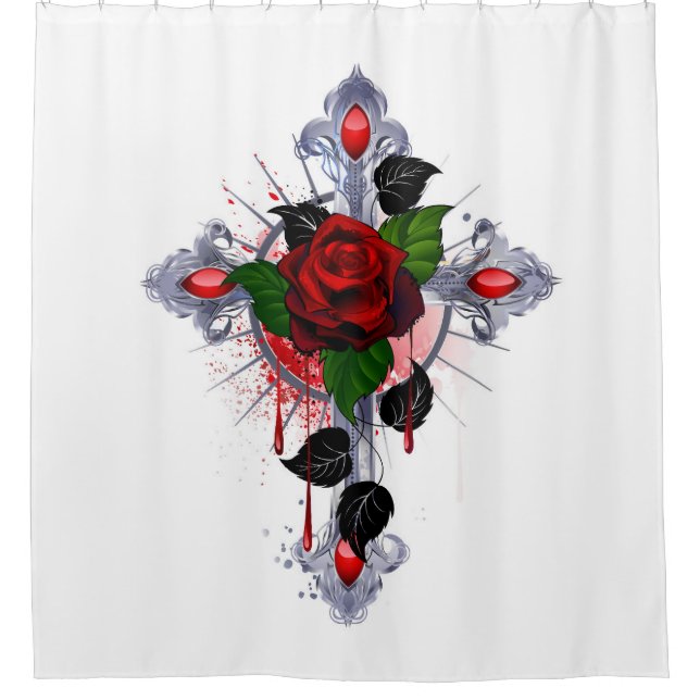 Silver Cross with a Red Rose Shower Curtain (Front)