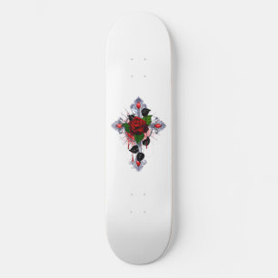 Silver Cross with a Red Rose Skateboard
