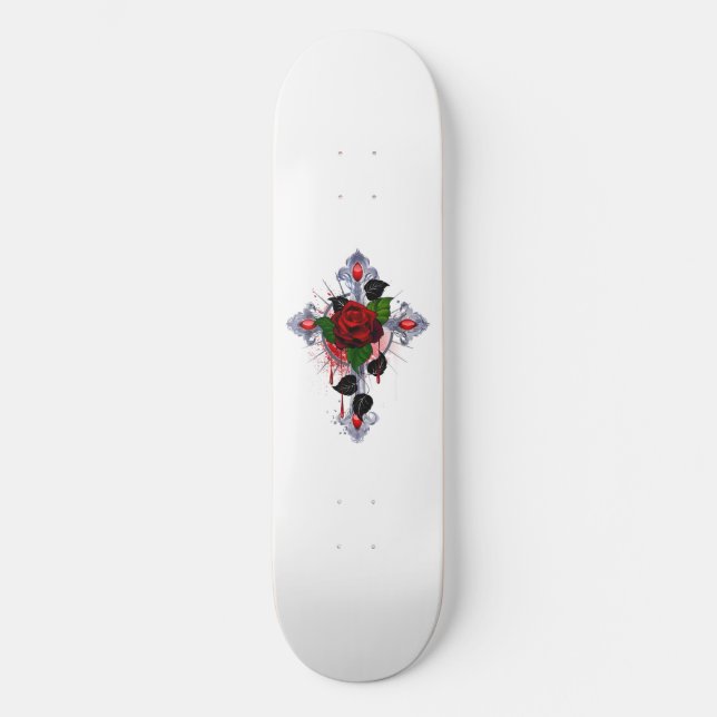 Silver Cross with a Red Rose Skateboard (Front)