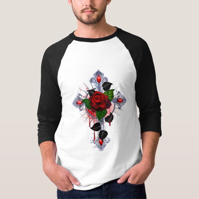 Silver Cross with a Red Rose T-Shirt (Front)