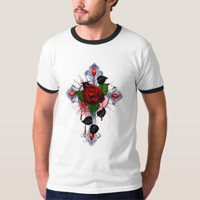 Silver Cross with a Red Rose T-Shirt (Front)