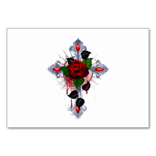 Silver Cross with a Red Rose Table Number