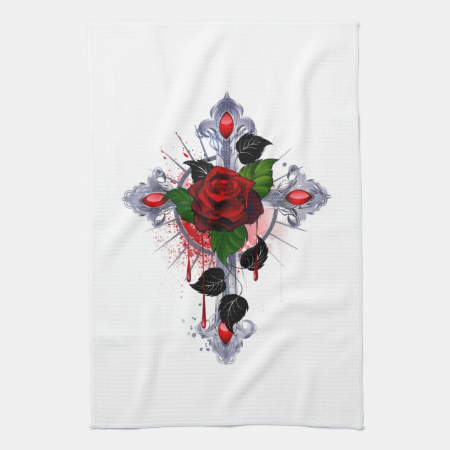 Silver Cross with a Red Rose Tea Towel (Vertical)