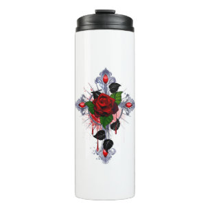 Silver Cross with a Red Rose Thermal Tumbler