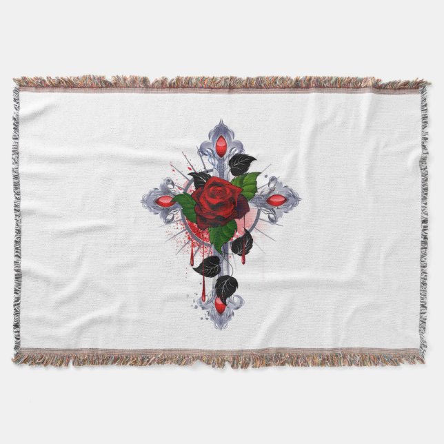 Silver Cross with a Red Rose Throw Blanket (Front)