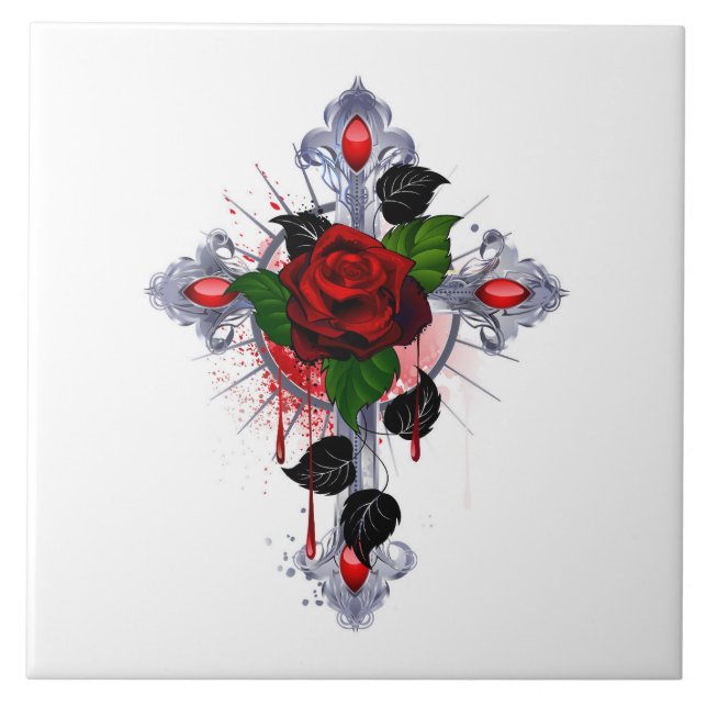 Silver Cross with a Red Rose Tile (Front)