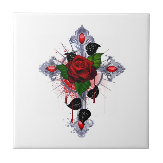 Silver Cross with a Red Rose Tile (Front)