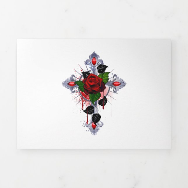 Silver Cross with a Red Rose Tri-Fold Card (Cover)