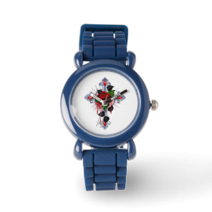Silver Cross with a Red Rose Watch