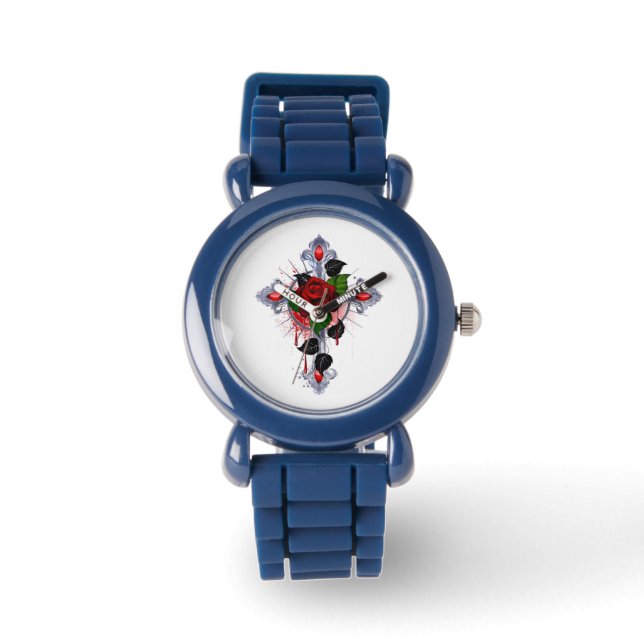 Silver Cross with a Red Rose Watch (Front)