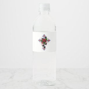 Silver Cross with a Red Rose Water Bottle Label
