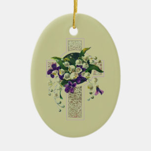 Silver Cross With Purple Flowers Ceramic Tree Decoration