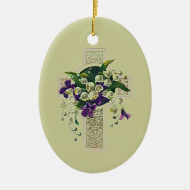 Silver Cross With Purple Flowers Ceramic Tree Decoration (Front)