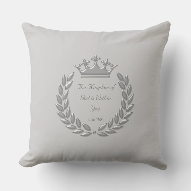 Silver Crown & Bible Verse on Light Silver Grey Cushion (Front)