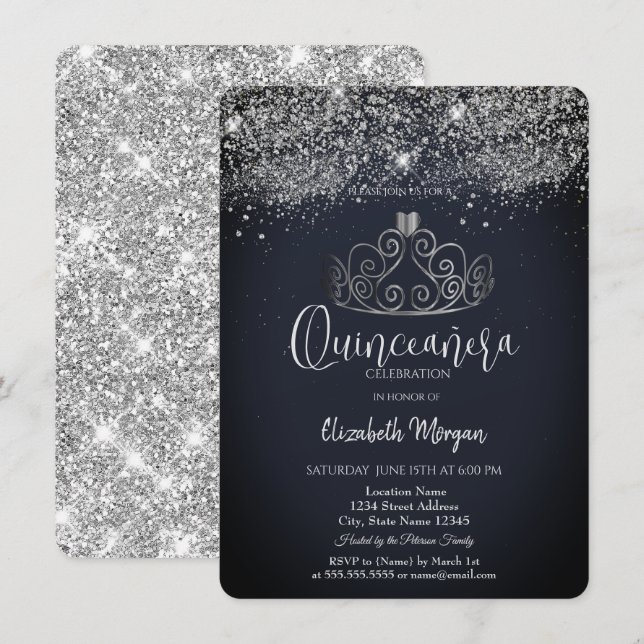 Silver Crown Confetti Dark Blue Quinceañera   Invitation (Front/Back)