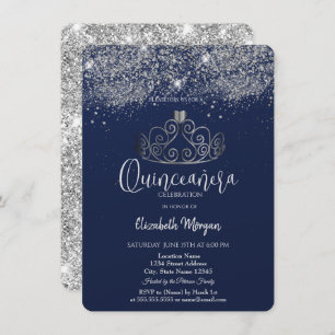 Silver Crown Glitter Confetti  Blue Quinceañera   Invitation
