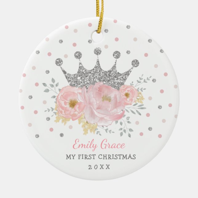 Silver Crown Princess Baby First 1st Christmas Ceramic Tree Decoration (Front)