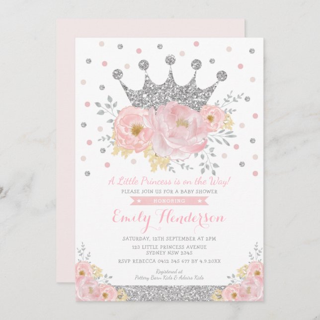 Silver Crown Princess Blush Floral Baby Shower Inv Invitation (Front/Back)