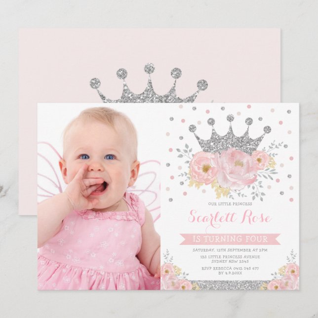 Silver Crown Princess Blush Floral Birthday Photo Invitation (Front/Back)