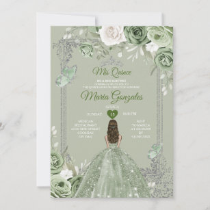 Silver Crown Sage Green Floral Mis Quince 15 Anos Invitation