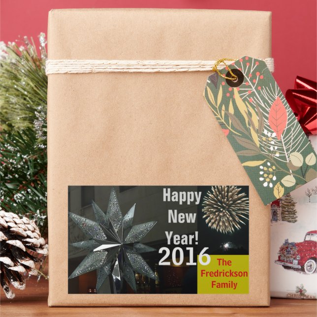 Silver Crystal Star Happy New Year NAME YEAR Rectangular Sticker (Holiday)