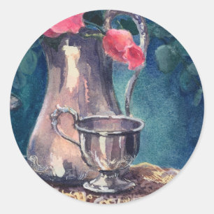 SILVER CUP, LACE & ROSES by SHARON SHARPE Classic Round Sticker