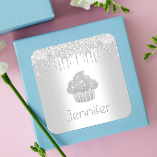 Silver cupcake glitter drips chic elegant name square sticker