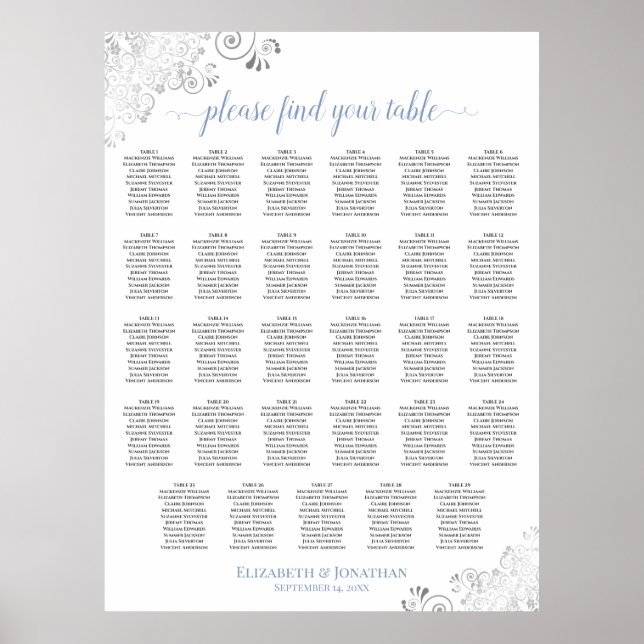 Silver Curls 29 Table Wedding Seating Chart Blue (Front)