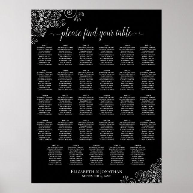 Silver Curls Black 29 Table Wedding Seating Chart (Front)