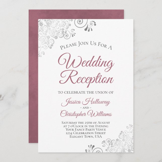Silver Curls Dusty Rose on White Wedding Reception Invitation (Front/Back)